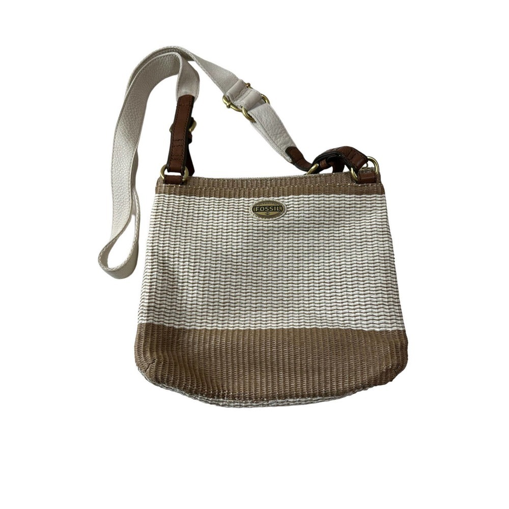 Fossil Crossbody Messenger Bag Saddle Woven Leather Cream Tan Zip Handbag Purse - Picture 5 of 7